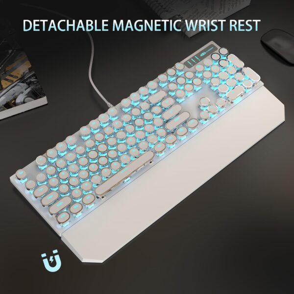 Typewriter Style Mechanical Gaming Keyboard, White Retro Punk Gaming Keyboard with Blue Backlit, 104 Keys Blue Switch Wired Cute Keyboards, Round Keycaps for Windows/Mac/PC 2