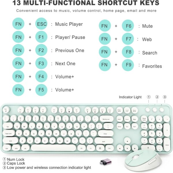 Wireless Keyboard and Mouse Combo, Ergonomic Full Size Typewriter Retro Round Keycaps Keyboard, Compatible with Windows, PC, Perfer for Home and Office Keyboards(Green) 2