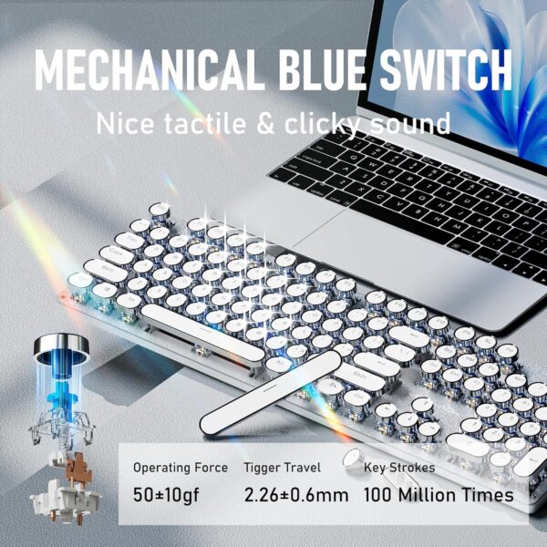 TK100 Typewriter Style Wired Mechanical Keyboard, 104 Keys Aesthetic Typewriter Keyboard with White Backlit, Anti-Ghosting, Blue Switch Wired Cute Keyboards-White 2