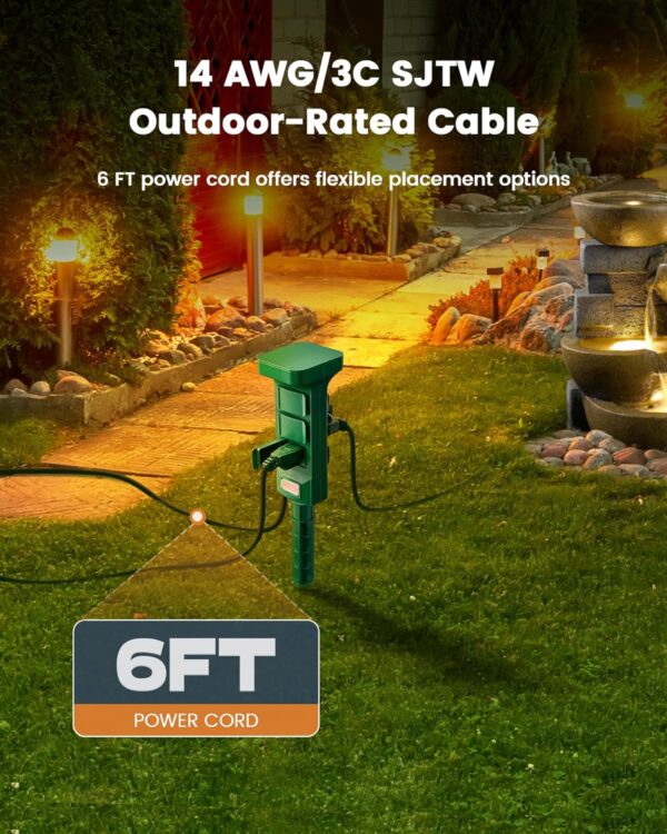 Outdoor Power Stake Waterproof, 6 Grounded Outlets Power Strip Weatherproof, 6FT Extension Cord Outlet for Yard, Garden, Christmas Light, Patio Lights, 1875W/15A, Green 2
