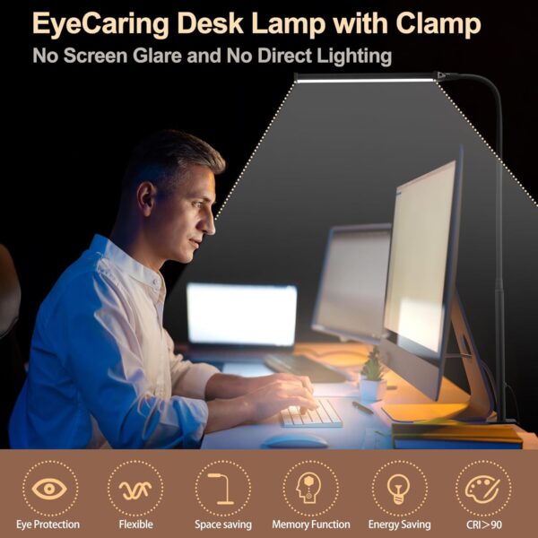 Led Desk Lamp for Home Office, Eye-Caring Desk Light with Clamp, Clip on Light for Reading, 3 Modes 10 Brightness, Flexible Gooseneck, Memory Function, Study, Work, Draw, Black 2