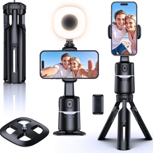Auto Face Tracking Tripod with Adjustable Desk Tripod, 360° Rotating vlogging kit for iPhone with Remote & Gesture Control, Rechargeable Selfie Fill Light, No App Required