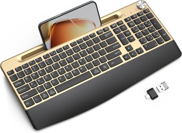 Wireless Keyboard with Wrist Rest-Low-Profile,Phone/Tablet Holder,Quiet Design,Windows & Mac OS,Full Size Cordless USB Computer Keyboard for Desktop,Laptop, PC, Mac, Windows-Gold 1