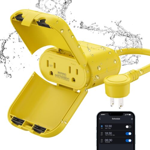Outdoor Smart Dimmer Plug Waterproof IP66, Smart WiFi Plug with 2 Individually Sockets, Compatible with Alexa & Google Assistant, Outdoor Dimmer for String Lights, UL Listed, 1 Pack, Yellow