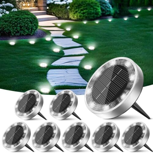 Solar Ground Lights Outdoor, 8 Pack Flat Solar Powered Disc Lights, IP68 Waterproof, Anti-Rust, Landscape Lighting for Pathway Garden Yard Lawn Walkway Landscape Driveway, Mini, Cool White