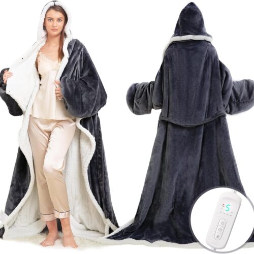 Wearable Heated Blanket with Foot Pocket, Electric Wearable Throw Blanket with Sleeves, Hood, Portable Heated Blanket with 8 Heat Settings, 1-10 Hours Auto Shut-off, Gift for Family, Friends, 50*70"