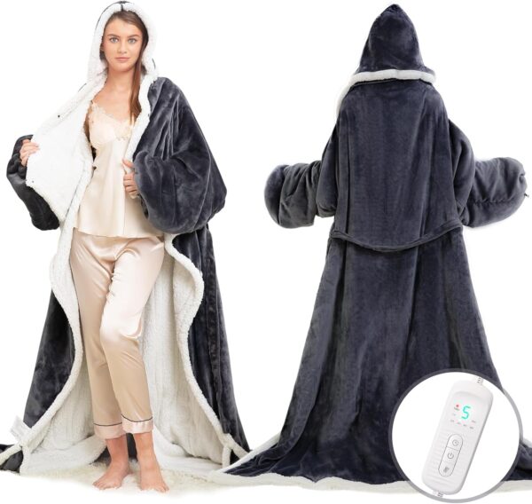 Wearable Heated Blanket with Foot Pocket, Electric Wearable Throw Blanket with Sleeves, Hood, Portable Heated Blanket with 8 Heat Settings, 1-10 Hours Auto Shut-off, Gift for Family, Friends, 50*70" 1