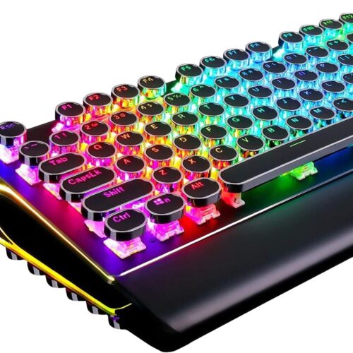 108 Typewriter Keyboard, Retro Mechanical Gaming Keyboard Wired 108 Keys with RGB Backlit Sidelight, Detachable Wrist Rest, Round Keycaps Blue Switches - Black
