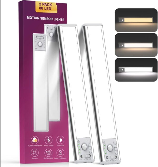 Under Cabinet Lighting with 3 Color Temps,Rechargeable Motion Sensor Lights Indoor, Dimmable Under Counter Lights for Kitchen, Closet 1
