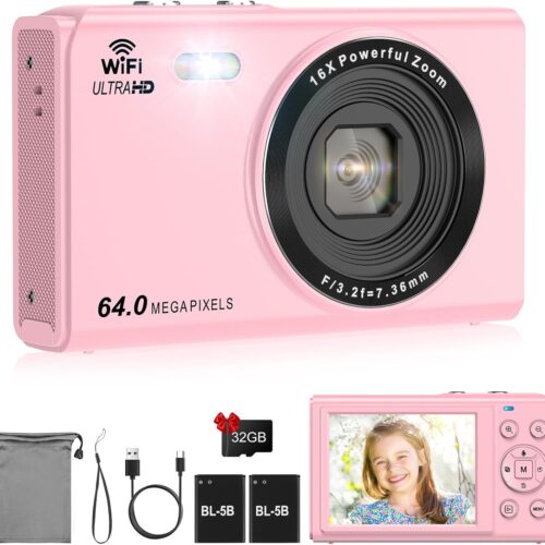 64MP Digital Camera, 16X Zoom, FHD 1080P Point and Shoot Digital Camera, Anti-Shake Compact Small Camera with 32GB Card&Fill Light, Two Batteries, 2.8" LCD Screen Camera for Kids Student Teenager, PK