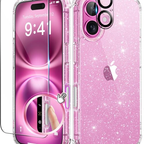 Compatible with iPhone 16 Case Glitter, [3 in 1] with Screen Protector + Camera Lens Protector, [Non-Yellowing] Clear Sparkle Slim Shockproof Hard Phone Cover for Women 6.1", Shiny Clear