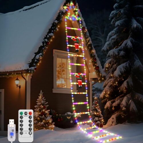 Christmas Ladder Lights, 9.8ft Xmas Decorative Light with 2 Santa Ladder Climbing, 298 LED Lights, 8 Modes Remote Control, Outdoor Christmas Decor Indoor Window Wall Xmas Tree Decor, Colorful