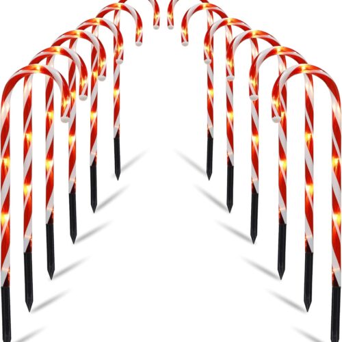 Christmas Outdoor Candy Cane Lights, 12 Pcs Christmas Pathway Markers with 72 Count Warm White Lights, Connectable for Indoor Outdoor Holiday Walkway Patio Garden Ornament