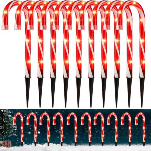 Christmas Candy Cane Pathway Markers Lights, Candy Canes Lights Outdoor, 10 inch Set of 10 Pack Christmas Candy Cane Lights Decorations Yard Candy Cane Pathway Lights, Lighted Candy Cane Decor Garden