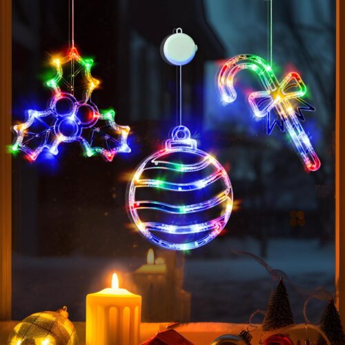 Christmas Window Lights, 3 Pack Multicolor Christmas Ball, Holly Berry, Candy Cane LED with Suction Cups, Timer & Slow Fade, Battery Operated(Excluded) Christmas Decorations Light Up for Home