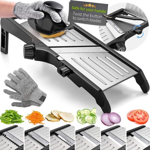 Adjustable Mandoline Slicer for Kitchen, Potato Cutter, Vegetable Chopper, Mandolin, Cucumber Slicer- INCLUDING one Pair Cut-Resistant Gloves and Waffle Fry Cutter