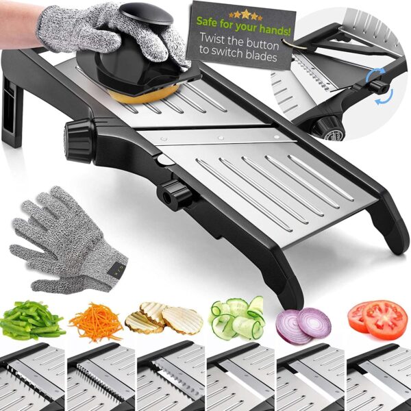 Adjustable Mandoline Slicer for Kitchen, Potato Cutter, Vegetable Chopper, Mandolin, Cucumber Slicer- INCLUDING one Pair Cut-Resistant Gloves and Waffle Fry Cutter 1