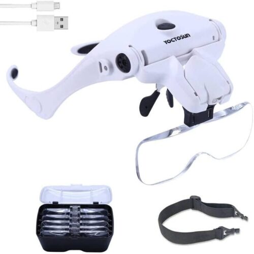 LED Head Magnifier, Rechargeable Hands Free Headband Magnifying Glasses with 2 Led, Professional Jeweler's Loupe Light Bracket and Headband are Interchangeable