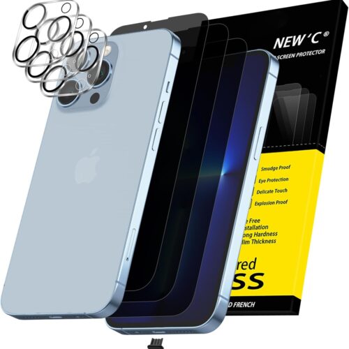 1 3X Privacy for iPhone 14 Screen Protector (6.1 inches)+ 3X Camera Lens Protector, Sensor Protection, Case Friendly Tempered Glass Film + Dust Plug - Enhanced Privacy Angle of 28 Degrees