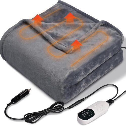1 12V Heated Car Blanket Flannel Gentle Soft with 3 Time 9 Heating Settings Portable Electric Automobile Heating Throw Warm Gifts for Winter SUV RV Camping Essentials 59”x39”