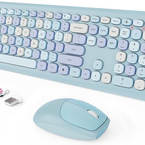 1 Wireless Keyboard and Mouse Combo, Colorful Ergonomic Full Size Retro Low-Noise Keyboard with Cute keycaps, Compatible with Windows, PC, Perfer for Home and Office Keyboards (Blue)