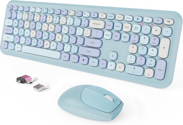 Wireless Keyboard and Mouse Combo, Colorful Ergonomic Full Size Retro Low-Noise Keyboard with Cute keycaps, Compatible with Windows, PC, Perfer for Home and Office Keyboards (Blue) 1