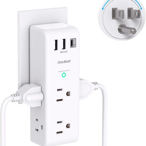 1 Surge Protector Outlet Extender - with Rotating Plug, 6 AC Multi Plug Outlet with 3 USB Ports (1 USB C), 1800J Wall Charger, 3-Sided Power Strip with Spaced Outlet Splitter for Home, Office, Travel