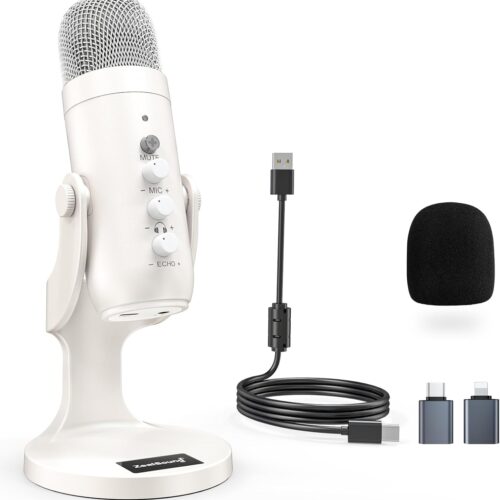 1 USB Microphone,Quick Mute Noise Cancel for Phone Computer PC PS5,Gaming Microphone with Gain Control,Echo Monitor Volume Adjust for Streaming Vocal Recording ASMR Podcast Video K66 White