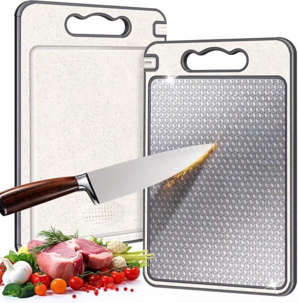 Stainless Steel Cutting Board, Double Sided Chopping Board for Kitchen, Scratch-resistant Mesh Design, Non Toxic, Juice Groove, Dishwasher Safe, 304 Stainless Steel and Wheat Straw PP (15×10 In) 1