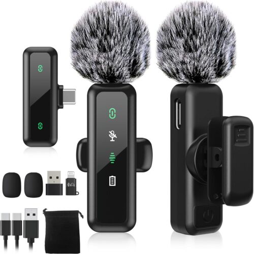 1 USB C Wireless Lavalier Microphone for iPhone 15/16, Mini Lav LED Mic for Android Phone with Noise Cancelling, Lapel Podcast Microphone for Tiktok Content Creator Video Recording, Streaming, Vlogging