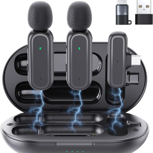 1 2 Pack Wireless Lavalier Microphone for iPhone iPad Android PC with Charging Case, Noise Reduction Clip On Lapel Mic for Video Recording, Vlogging, YouTube, Interview, Live Streaming