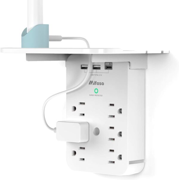 Wall Outlet Extender with Surge Protector, 6 AC Outlets, Shelf, 2 USB & USB C Charging Ports - Home & Dorm Plug Expander 1