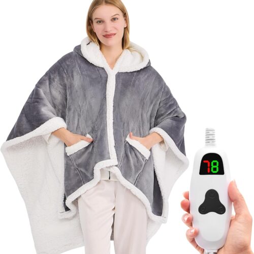 1 Wearable Heated Throw Blanket Electric Shawl,Christmas Birthday Gifts for Grandma,Gift for Mom and Elderly Women,Heated Robe Poncho Blanket Hoodie for Adult, 5-Position Timer 10-Heating Levels,Grey