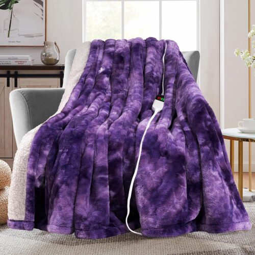 1 Electric Heated Throw Rabbit Faux Fur Blanket with 8 Heating Levels & 8H Auto Off, Fast Heating Warm Cozy Sherpa Washable Electric Blanket with Over-Heat Protection, ETL Certification, Purple
