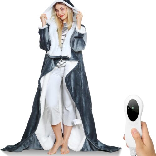 1 Wearable Electric Blankets, Heated Snuggle Blanket, 70"*50" Flannel Sherpa Electric Heating Throw Blanket with Hood, Sleeves, Foot Pocket, 10 Heating 3 Timer Settings for Women Men