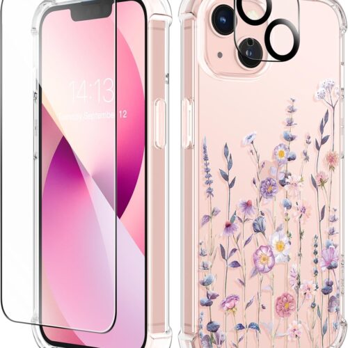 1 Designed for iPhone 13 Case 6.1 Inch, with Tempered Glass Screen Protector + Camera Lens Protector Clear Flower Soft & Flexible Shockproof Floral Women Phone Cover (Floratopia/Colorful)