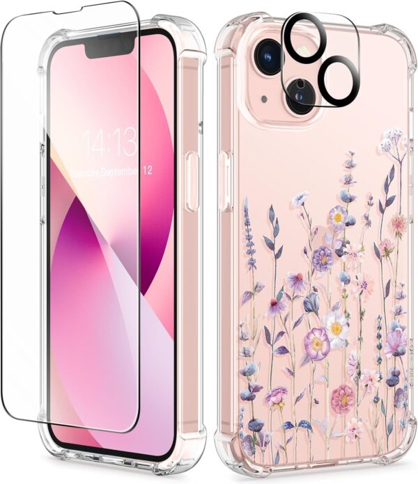 Designed for iPhone 13 Case 6.1 Inch, with Tempered Glass Screen Protector + Camera Lens Protector Clear Flower Soft & Flexible Shockproof Floral Women Phone Cover (Floratopia/Colorful) 1