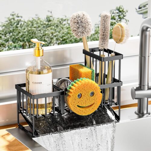 1 Sink Caddy With Smiley Face Sponge Holder, 304 Stainless Steel Rustproof(Black)