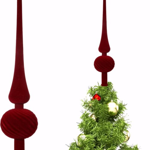 1 11 Inch Burgundy Velvet Finial Christmas Tree Topper Vintage Spherical Tree Topper Velvet Finial Mid Century Christmas Ornament for Home Xmas Holiday Party Decorations