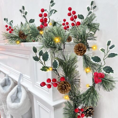 1 Prelit- 6 FT Smoky Christmas Garland with Lights Timer, Battery Operated Rustic Cedar Pine Garland 20 LED Warm White&Colorful 8 Mode Holly Berry Pinecone Xmas Home Mantle Table Indoor Outdoor Decor