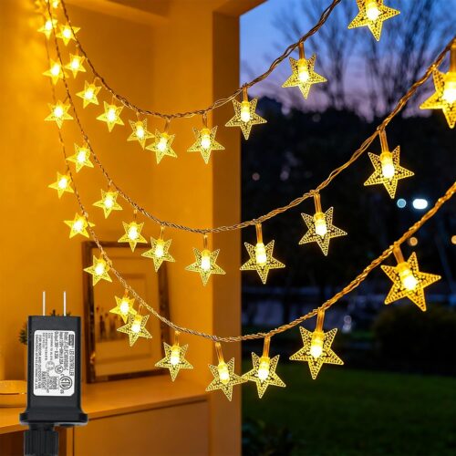 1 Twinkle Star 100 LED Star String Lights, 33FT Plug in Fairy String Lights Waterproof for Bedroom Decor, Indoor, Outdoor, Wedding Party, Christmas Tree, New Year, Ramadan, Warm White
