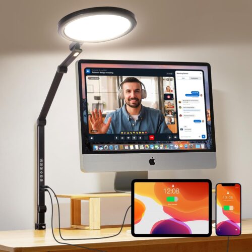 1 Video Conference Lighting for Computer, Video Recording, Zoom Meeting,Webcam,18W LED Desk Ring Light with Clamp, Adjustable Brightness & Color,Dual USB Charging,Swing Arm, CRI >97