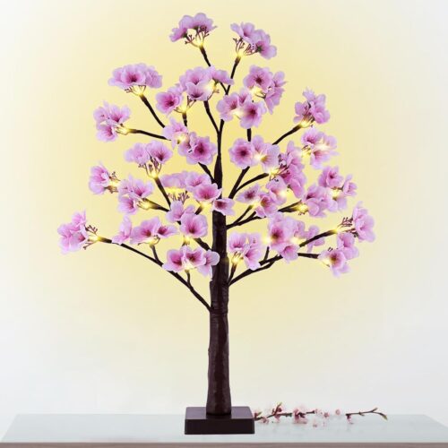 1 24 Inch Lighted Cherry Blossom Tree Battery Operated 2FT 28 Warm White LED Artifical Bonsai Tree with 84 Lush Flowers, Timer USB Plug for Wedding Party Spring Christmas Home Decoration