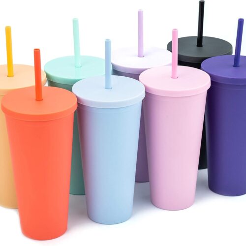 1 CUPS Classic Tumblers with Lids and Straws (8 pack) - 22oz Matte Pastel Colored Acrylic Tumblers with Lids and Straws, Double Wall Tumbler Bulk, Reusable Cup with Straw Cleaner (Assorted)