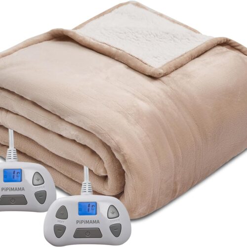 1 Electric Blanket Queen Size Dual Control,Flannel & Sherpa Plush 84"x 90" Heated Blanket Queen Heating Blanket with 10 Heating Levels,12 Hours Auto-Off Machine Washable(Khaki)
