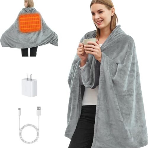 1 Portable Cordless Heated Blanket for Stadium, Rechargeable USB Heated Throw Blanket for Outdoor, 3 Heat Settings Electric Heated Blanket for Office, Camping, 58”x 38” (Battery Pack Not Included)