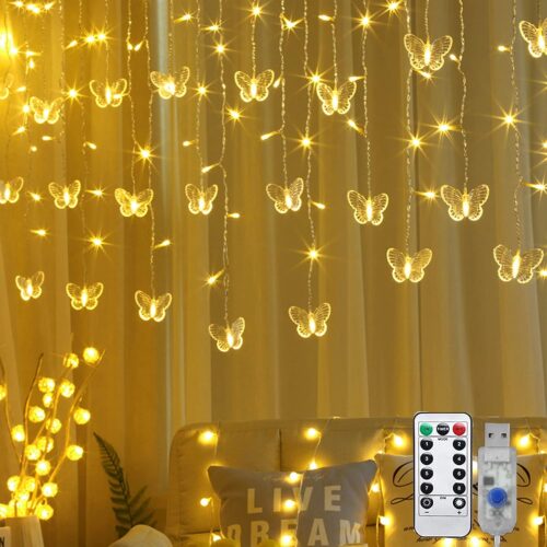 1 Butterfly Curtain Fairy Light, 8 Modes 120 LED USB Window Firefly Twinkle Timer String Lights 24 Butterflies with Remote, Waterproof Copper Wire for Room Bedroom Christmas Wedding Party Dorm Patio