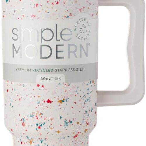 40 oz Trek Tumbler with Handle and Straw Lid | Cup Holder Friendly Insulated Stainless Steel Travel Mug | Cream Terrazzo
