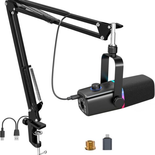 XLR/USB Dynamic Microphone for Gaming Podcast,Mic for iPhone Phone PC Computer Gaming Streaming Microphone with RGB Light,Mute Button,Mic Gain,Headphones Jack,Boom Arm Stand,Singing YouTube