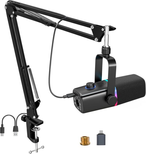 XLR/USB Dynamic Microphone for Gaming Podcast,Mic for iPhone Phone PC Computer Gaming Streaming Microphone with RGB Light,Mute Button,Mic Gain,Headphones Jack,Boom Arm Stand,Singing YouTube 1